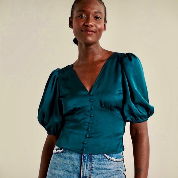 NWT Abercrombie & Fitch Deep Teal Open Back Satiny Top Blouse Sz Large - Picture 2 of 5
